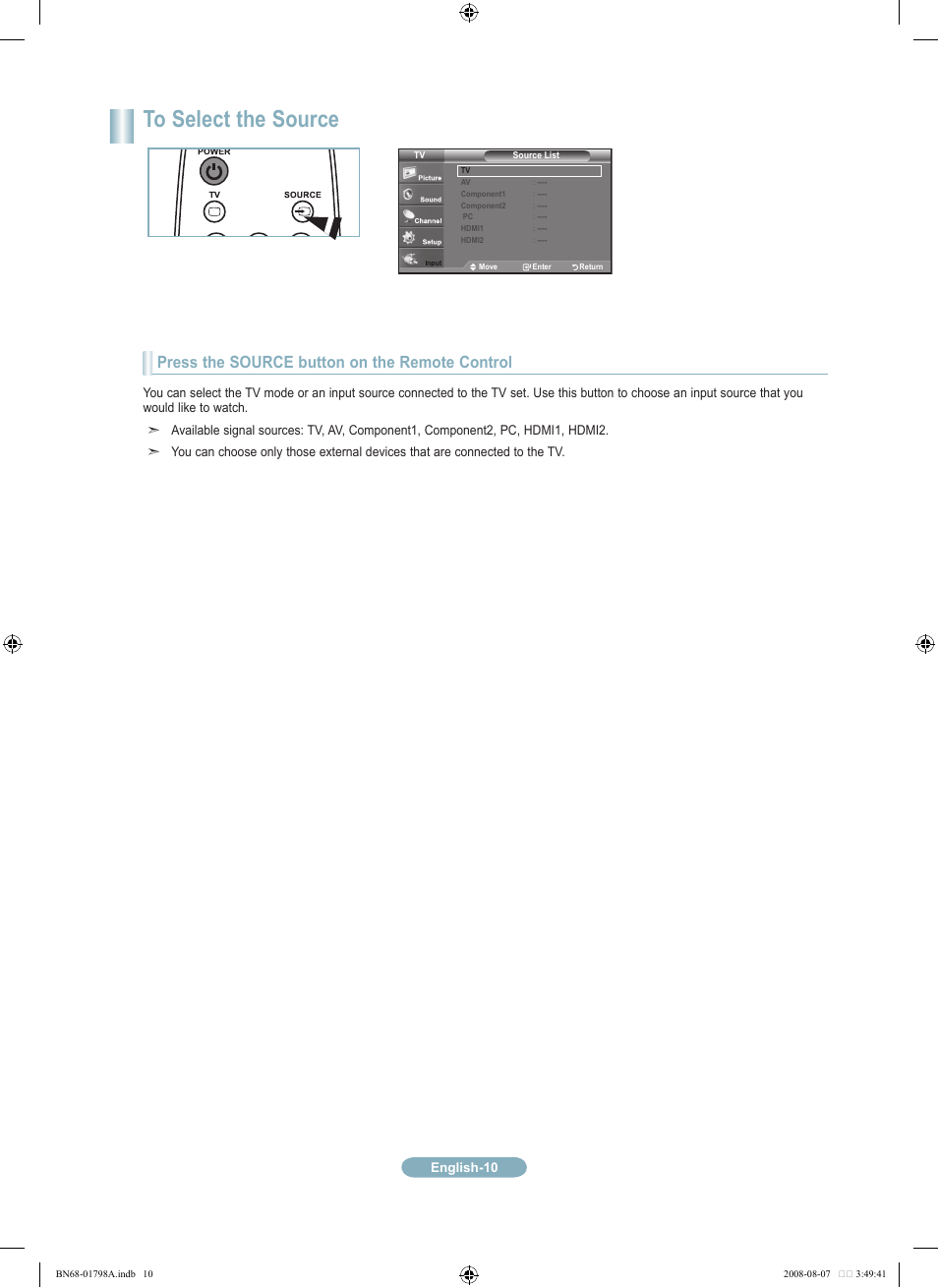 Press the source button on the remote control | Samsung LN32A300J1DXZA User Manual | Page 10 / 37