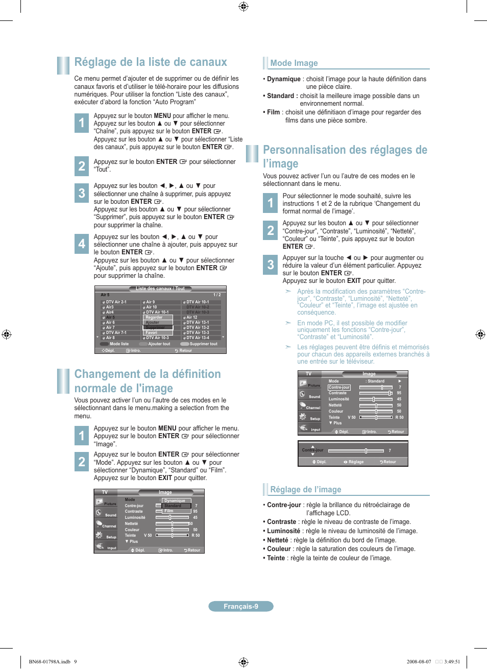 Réglage de la liste de canaux, Changement de la définition normale de l'image, Personnalisation des réglages de l’image | Mode image, Réglage de l’image | Samsung LN32A300J1DXZA User Manual | Page 21 / 37