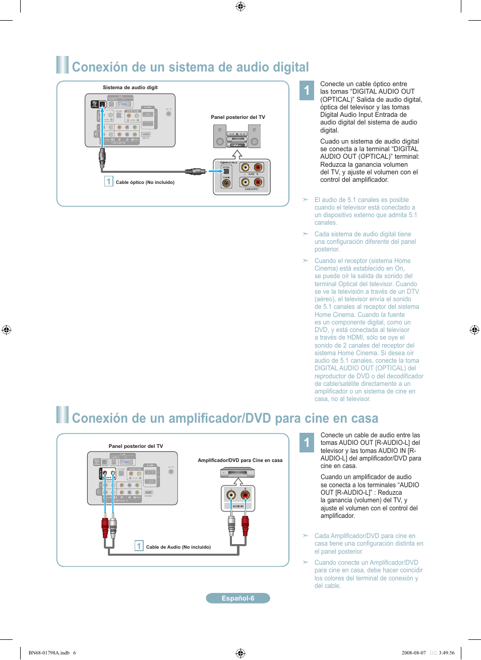 Conexión de un sistema de audio digital, Conexión de un amplificador/dvd para cine en casa | Samsung LN32A300J1DXZA User Manual | Page 30 / 37