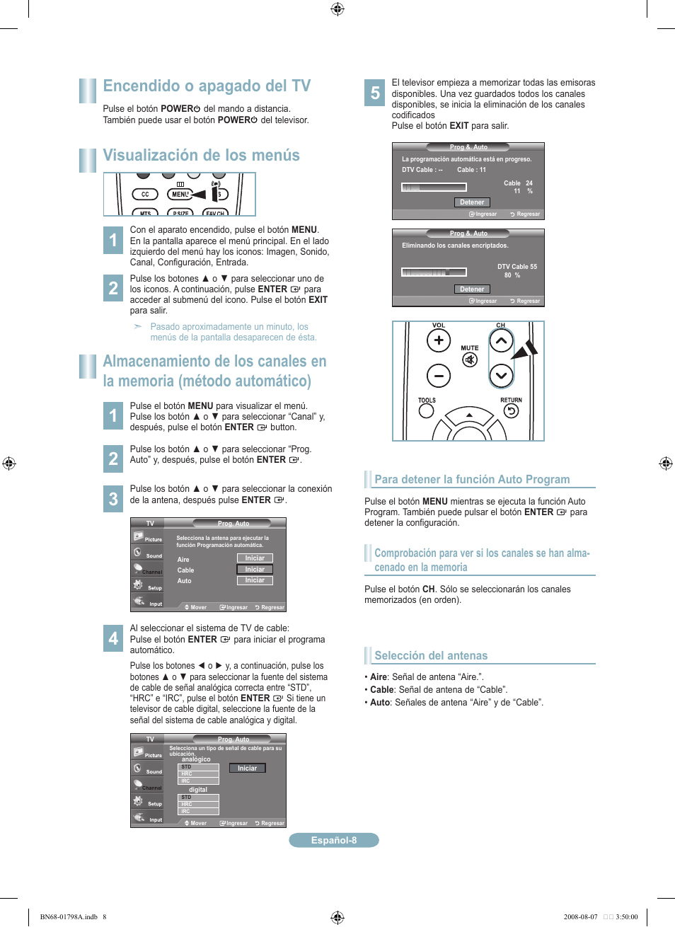 Encendido o apagado del tv, Visualización de los menús, Para detener la función auto program | Selección del antenas | Samsung LN32A300J1DXZA User Manual | Page 32 / 37