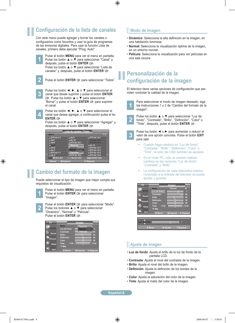 Configuración de la lista de canales, Cambio del formato de la imagen, Personalización de la configuración de la imagen | Modo de imagen, Ajuste de imagen | Samsung LN32A300J1DXZA User Manual | Page 33 / 37