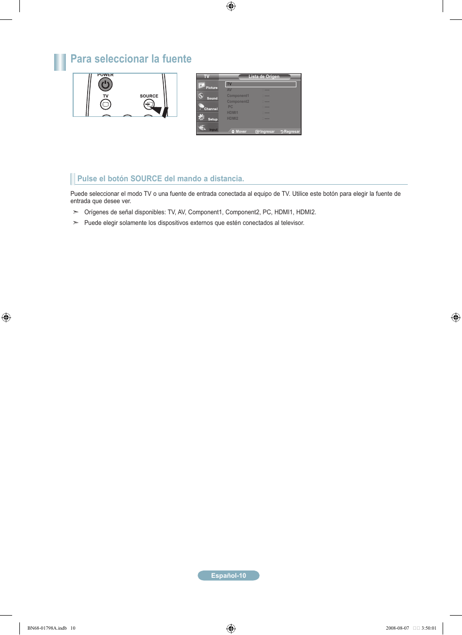Para seleccionar la fuente, Pulse el botón source del mando a distancia | Samsung LN32A300J1DXZA User Manual | Page 34 / 37