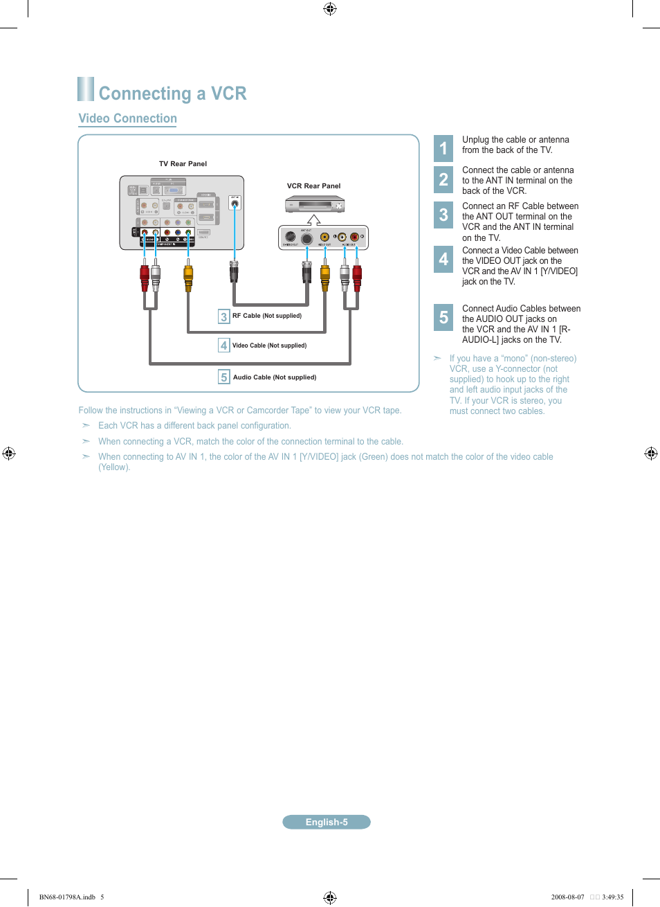 Connecting a vcr, Video connection | Samsung LN32A300J1DXZA User Manual | Page 5 / 37