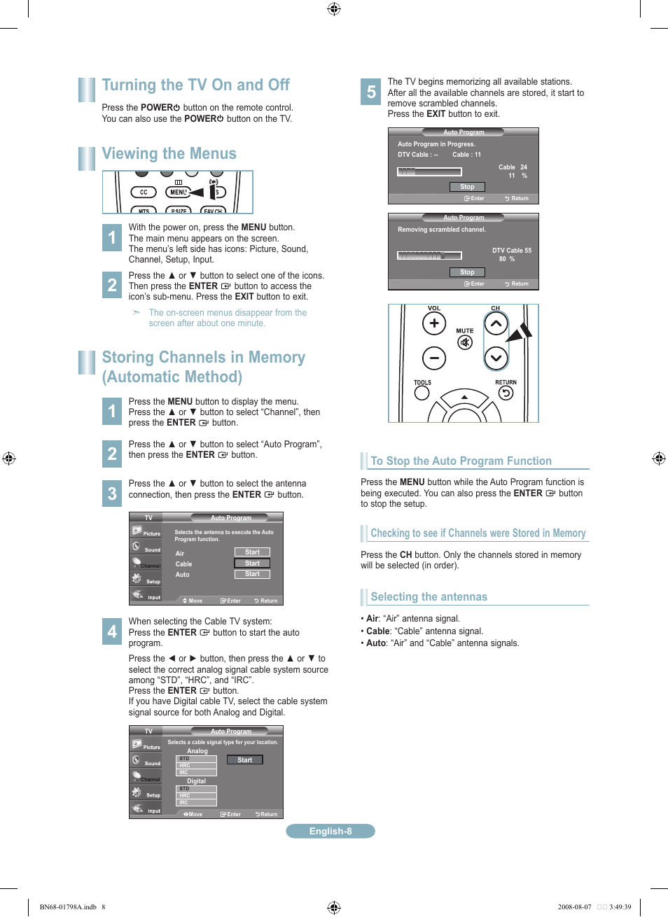 Turning the tv on and off, Viewing the menus, Selecting the antennas | Samsung LN32A300J1DXZA User Manual | Page 8 / 37