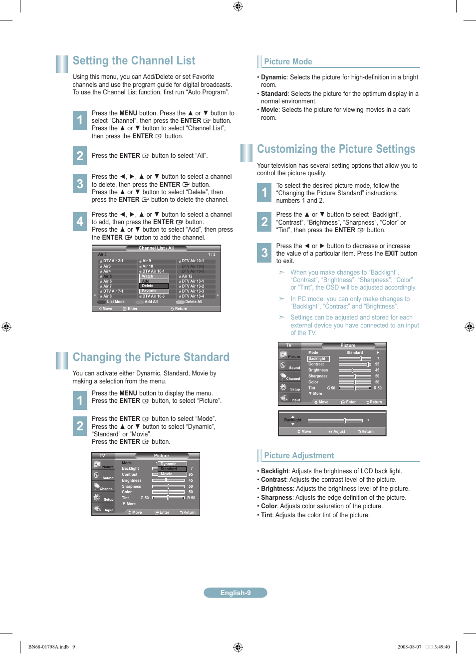 Setting the channel list, Changing the picture standard, Customizing the picture settings | Picture mode, Picture adjustment | Samsung LN32A300J1DXZA User Manual | Page 9 / 37
