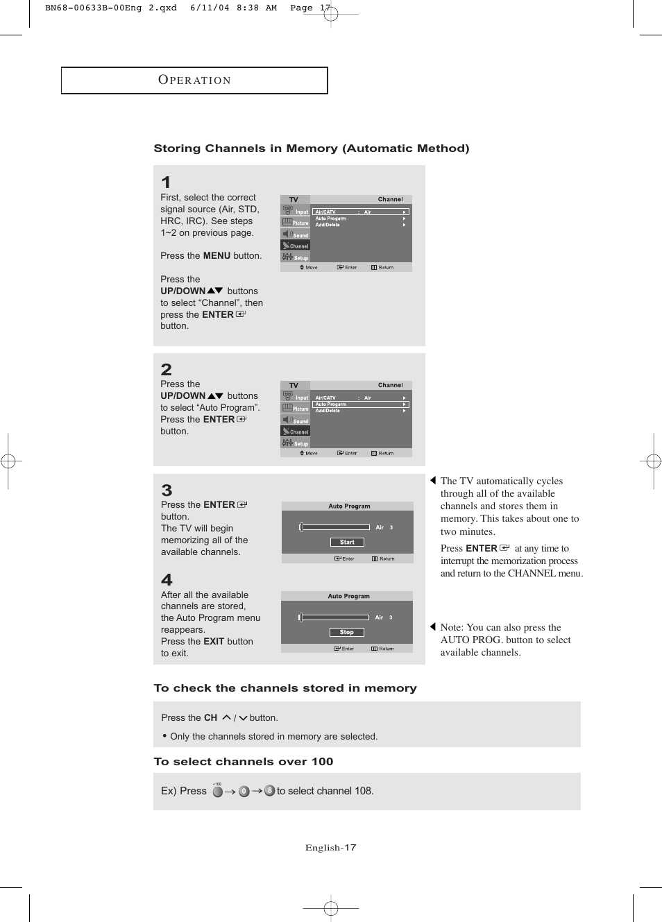 Storing channels in memory (automatic method), To check the channels stored in memory, To select channels over 100 | Samsung LTP1745X-XAA User Manual | Page 22 / 66