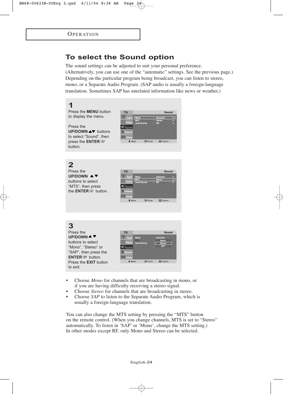 To select the sound option | Samsung LTP1745X-XAA User Manual | Page 29 / 66