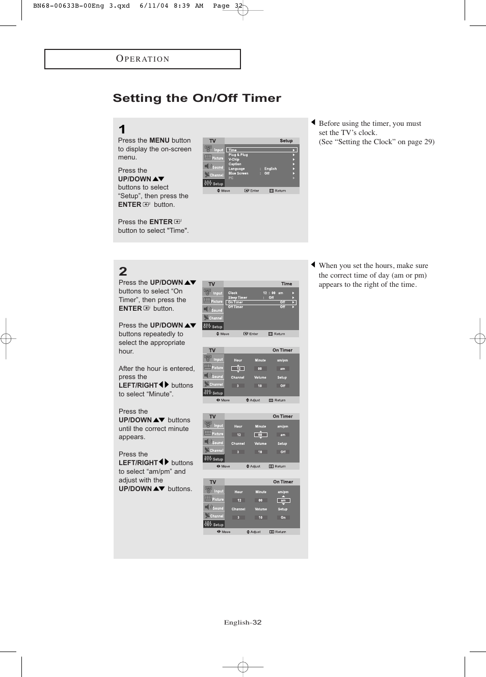 Setting the on/off timer | Samsung LTP1745X-XAA User Manual | Page 37 / 66