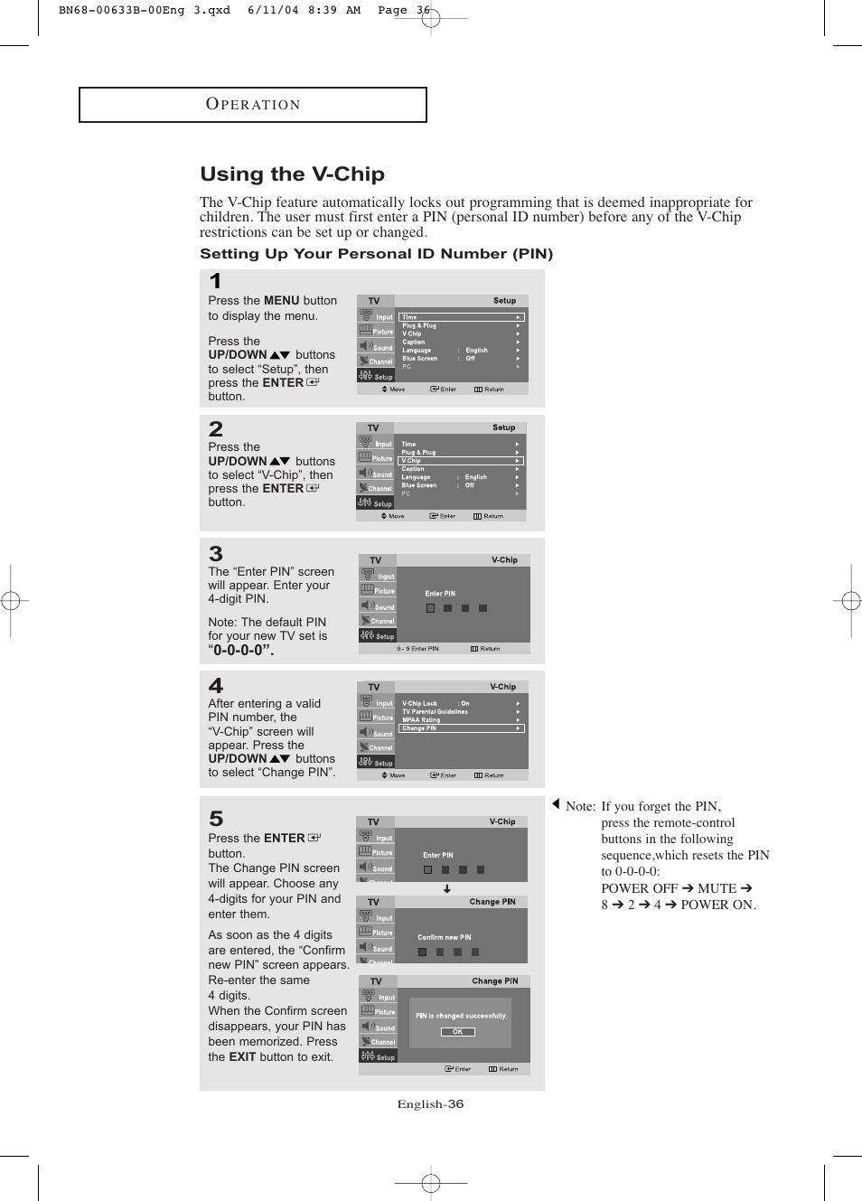 Using the v-chip, Setting up your personal id number (pin) | Samsung LTP1745X-XAA User Manual | Page 41 / 66