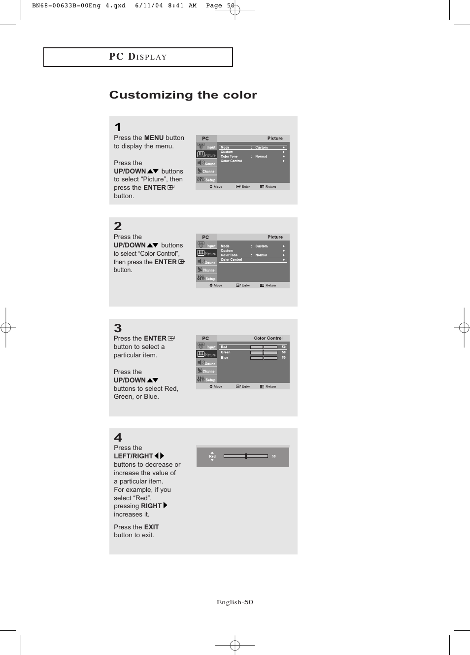 Customizing the color, P c d | Samsung LTP1745X-XAA User Manual | Page 55 / 66