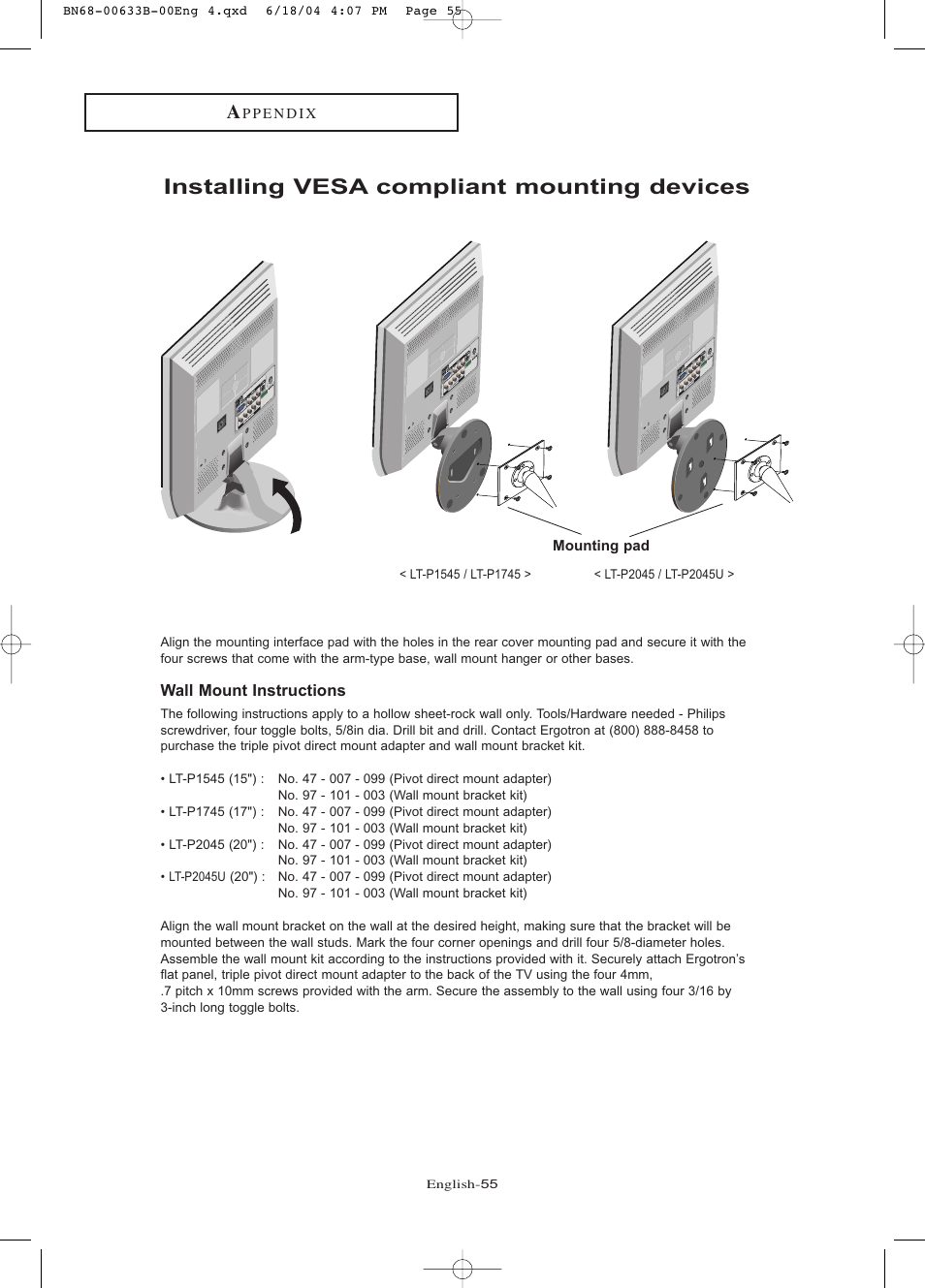 Installing vesa compliant mounting devices | Samsung LTP1745X-XAA User Manual | Page 60 / 66