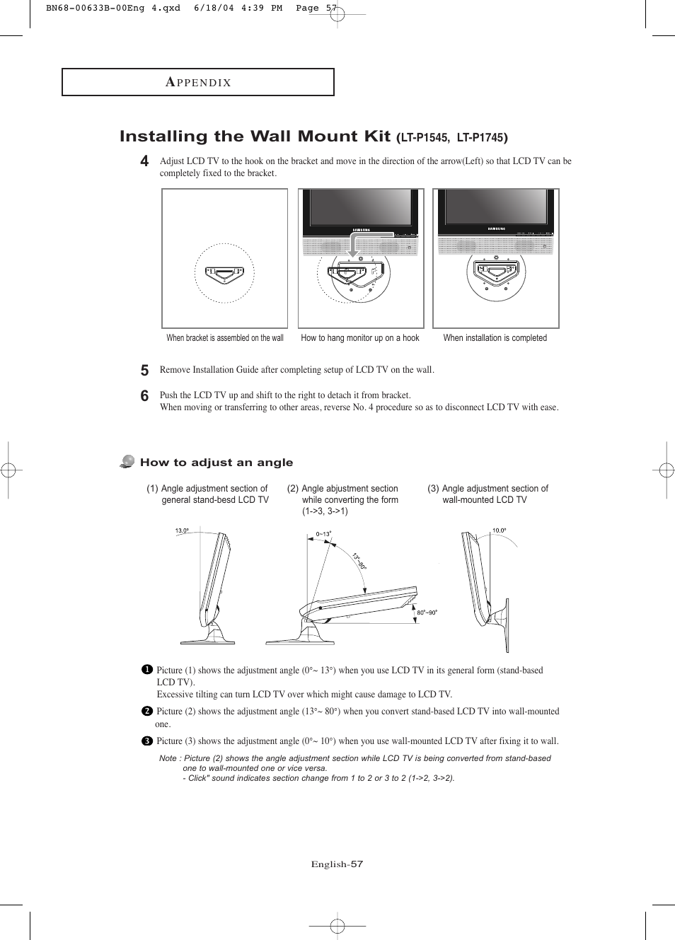 Installing the wall mount kit | Samsung LTP1745X-XAA User Manual | Page 62 / 66