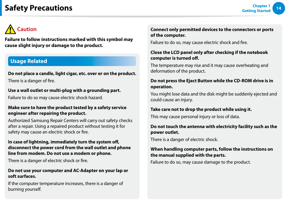 Safety precautions, Usage related, Caution | Samsung DP700A3D-K02US User Manual | Page 15 / 136