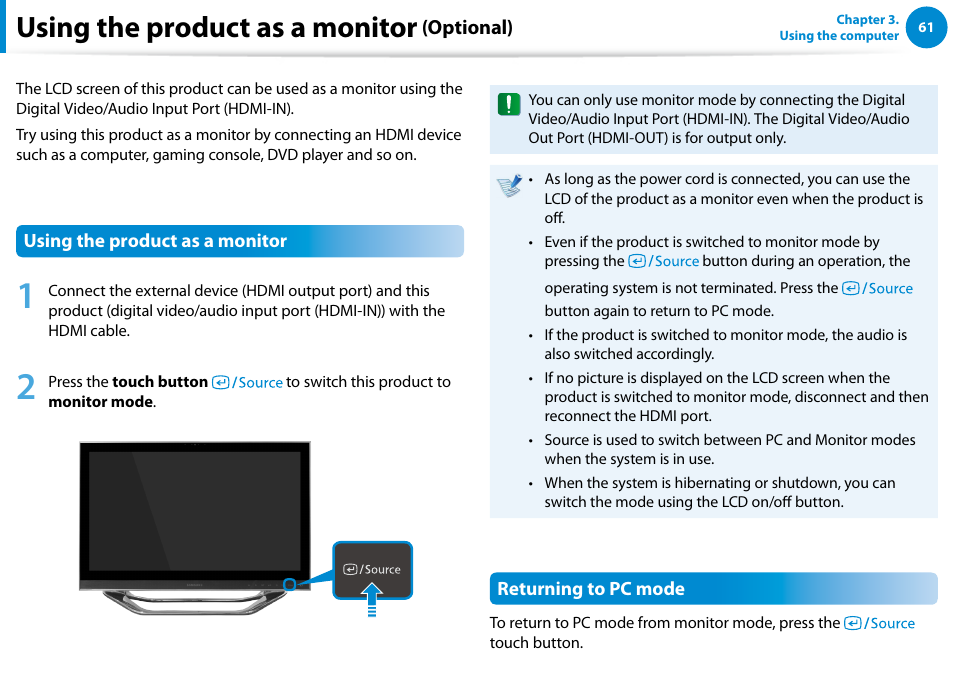 Using the product as a monitor (optional), Using the product as a monitor | Samsung DP700A3D-K02US User Manual | Page 62 / 136
