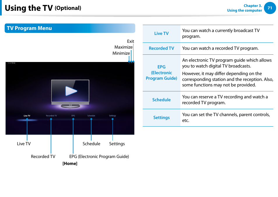 Using the tv, Optional) | Samsung DP700A3D-K02US User Manual | Page 72 / 136