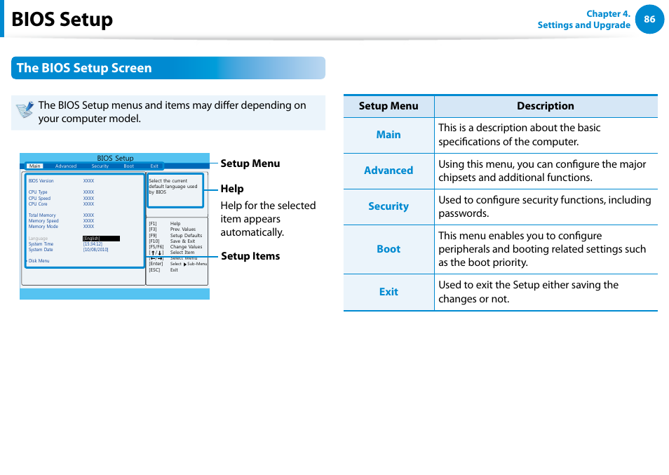Bios setup, The bios setup screen | Samsung DP700A3D-K02US User Manual | Page 87 / 136
