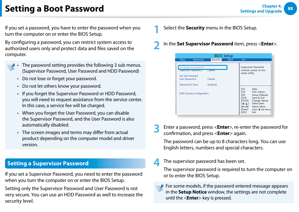 Setting a boot password, Setting a supervisor password | Samsung DP700A3D-K02US User Manual | Page 89 / 136