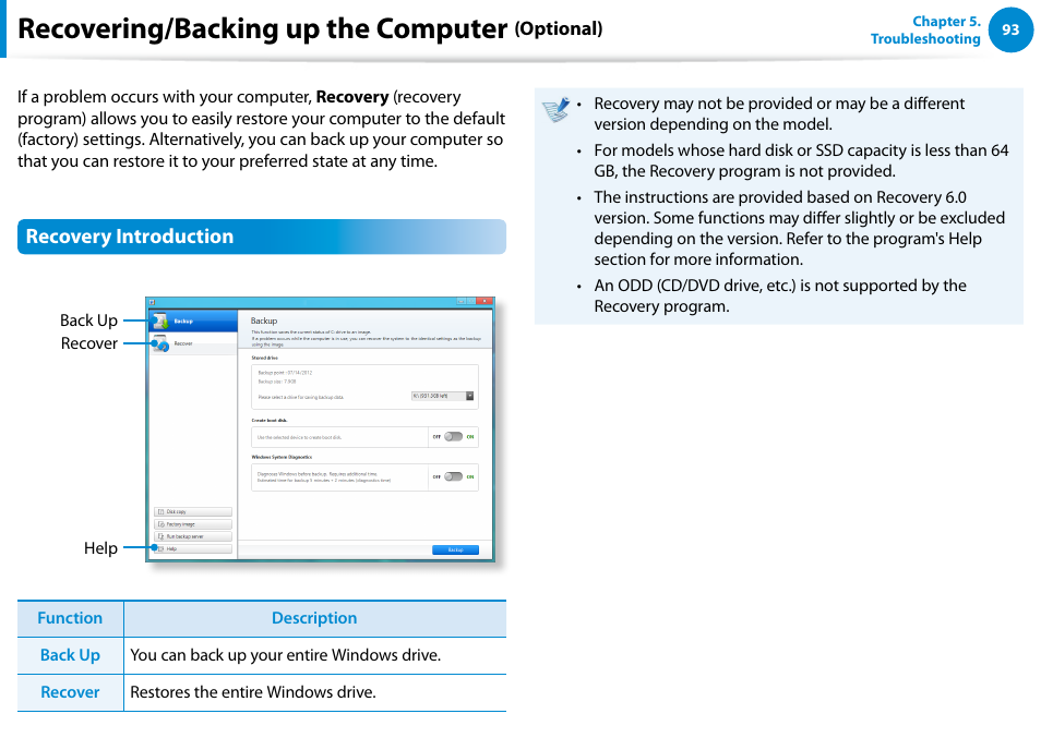 Recovering/backing up the computer (optional), Recovering/backing up the computer (optional) 93, Recovering/backing up the computer | Samsung DP700A3D-K02US User Manual | Page 94 / 136
