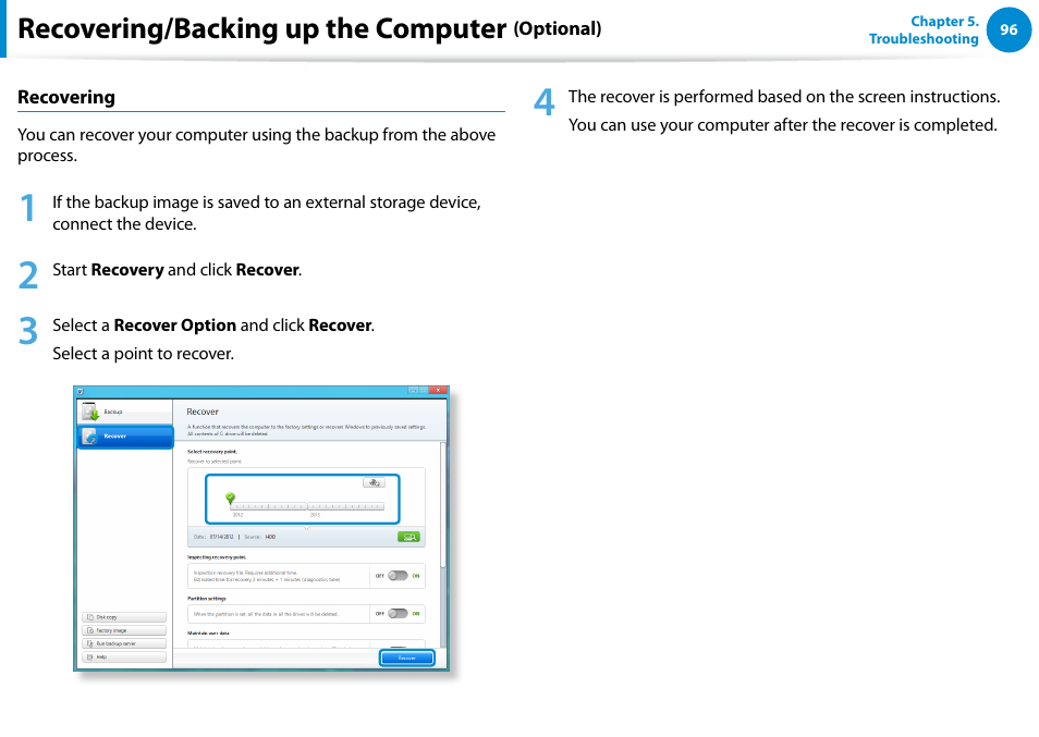 Recovering/backing up the computer | Samsung DP700A3D-K02US User Manual | Page 97 / 136