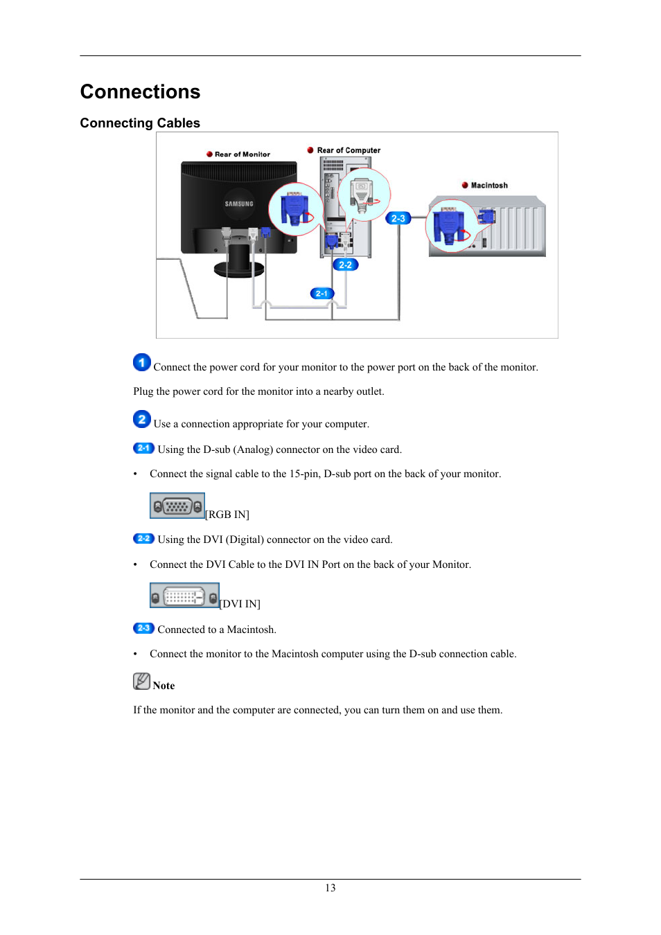 Connections, Connecting cables | Samsung LS19MYBRB7-XAC User Manual | Page 14 / 76