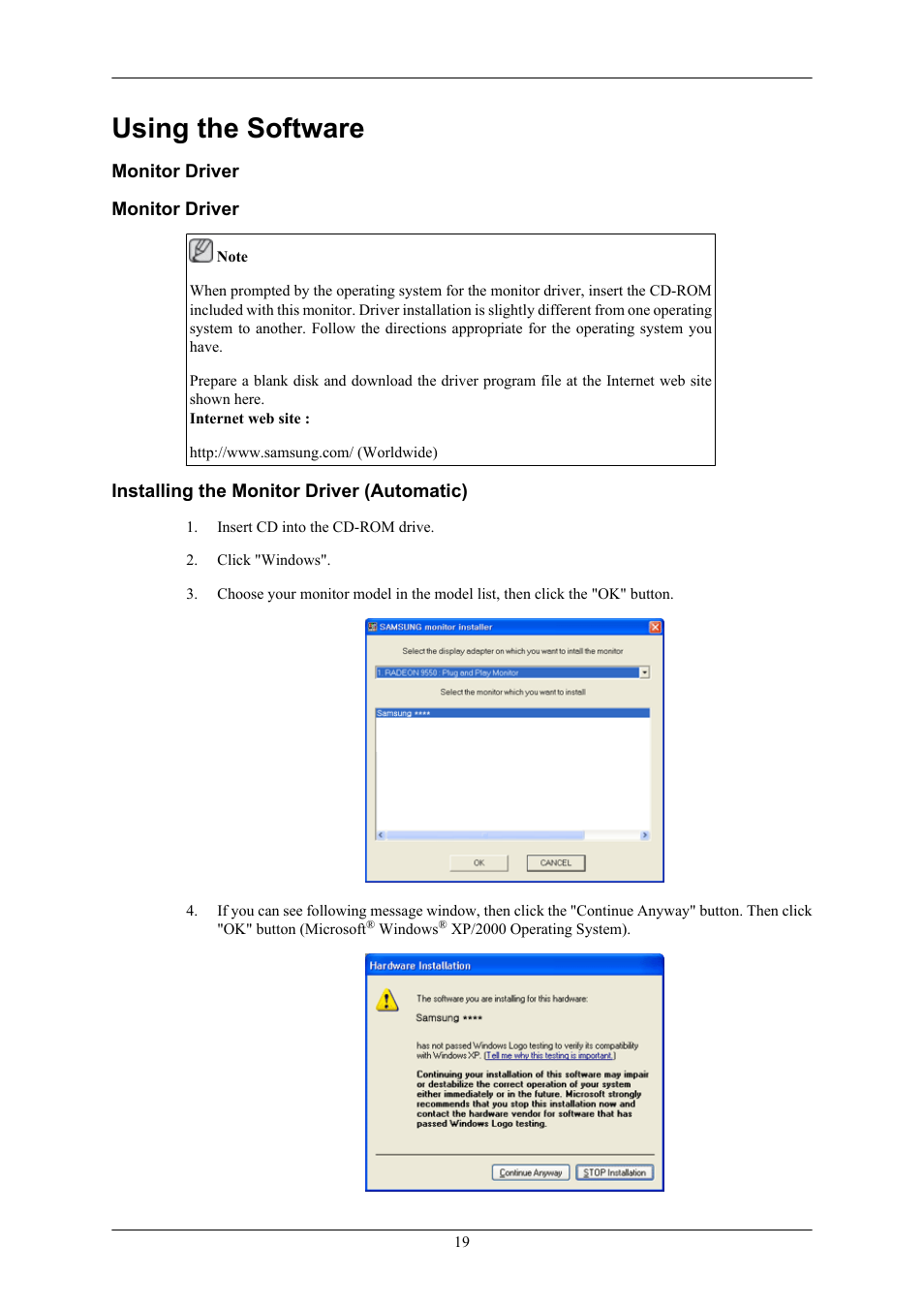 Using the software, Monitor driver, Installing the monitor driver (automatic) | Samsung LS19MYBRB7-XAC User Manual | Page 17 / 76