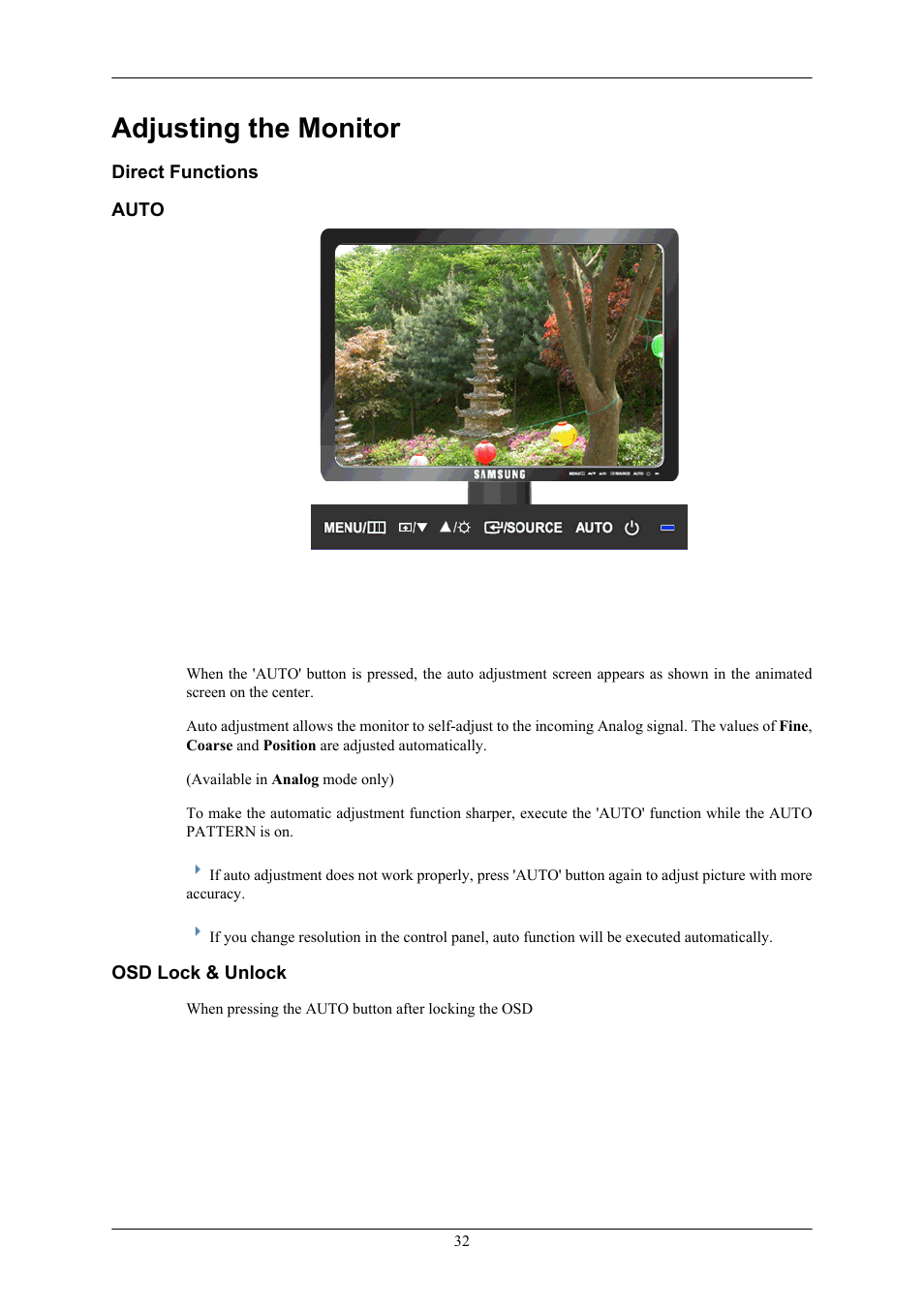 Adjusting the monitor, Direct functions, Auto | Osd lock & unlock | Samsung LS19MYBRB7-XAC User Manual | Page 30 / 76