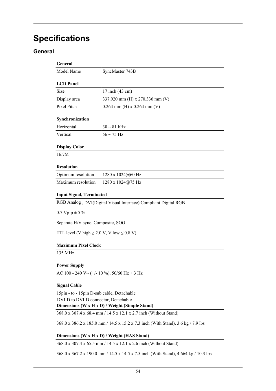 743b, General, Powersaver | Specifications | Samsung LS19MYBRB7-XAC User Manual | Page 57 / 76