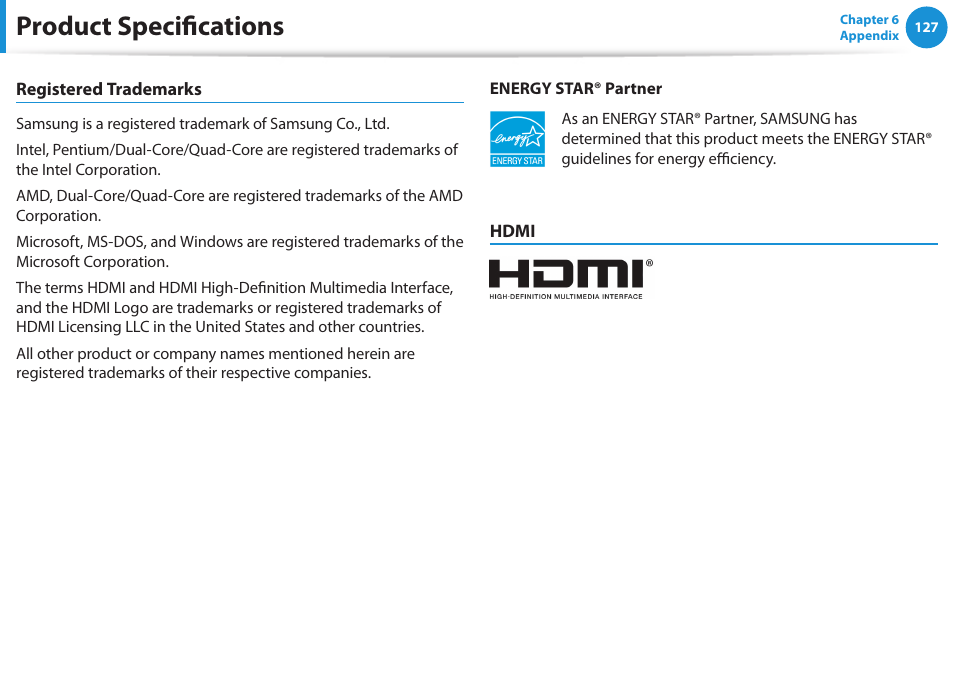 Product specifications | Samsung NP-RV520-W01US User Manual | Page 128 / 133