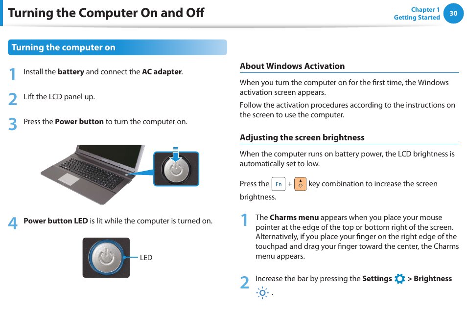 Turning the computer on and off | Samsung NP-RV520-W01US User Manual | Page 31 / 133