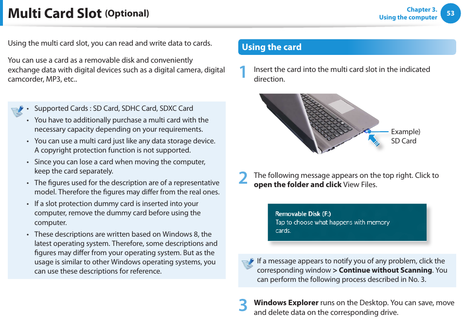 Multi card slot (optional), Multi card slot | Samsung NP-RV520-W01US User Manual | Page 54 / 133