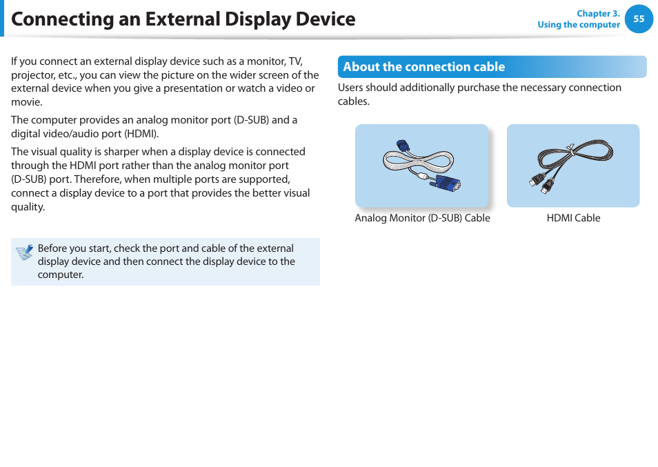 Connecting an external display device | Samsung NP-RV520-W01US User Manual | Page 56 / 133