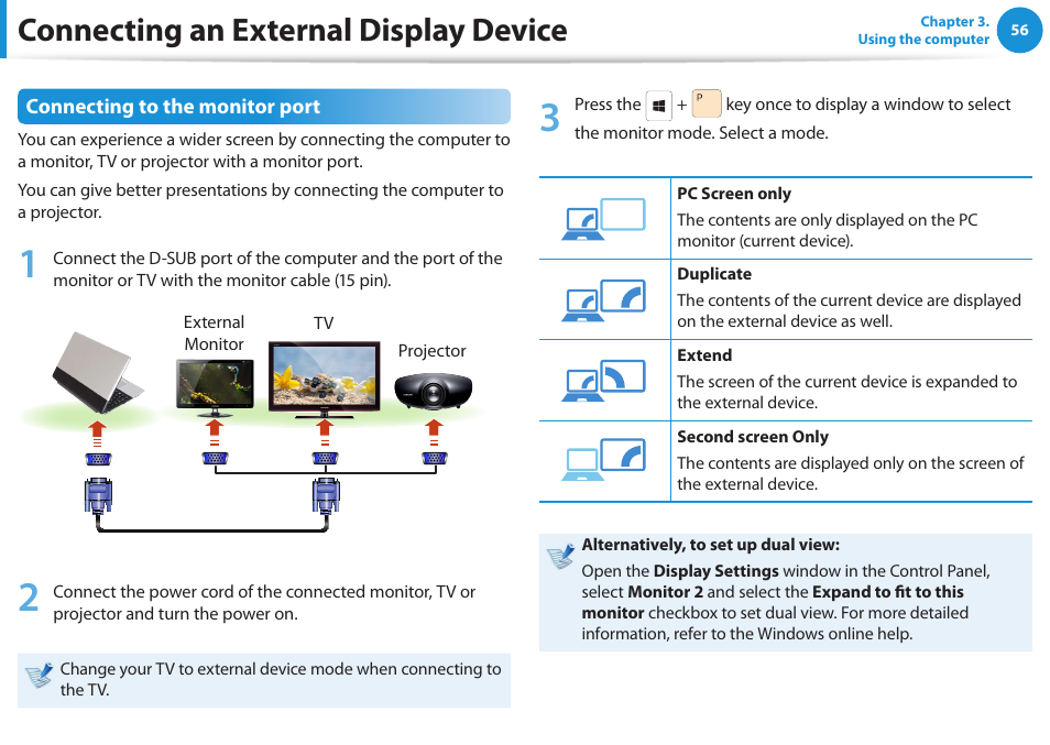 Connecting an external display device | Samsung NP-RV520-W01US User Manual | Page 57 / 133