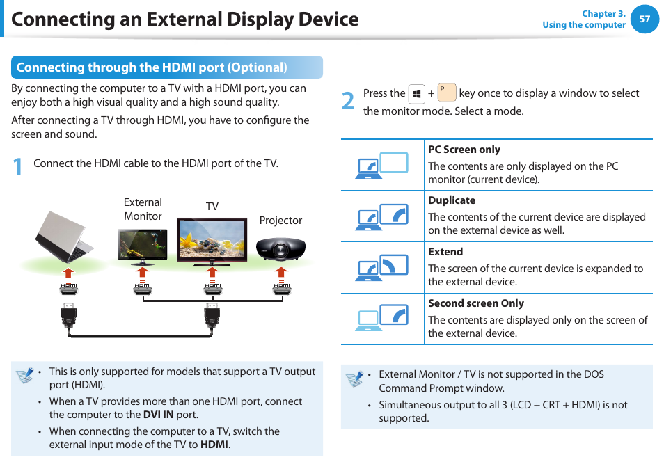 Connecting an external display device | Samsung NP-RV520-W01US User Manual | Page 58 / 133