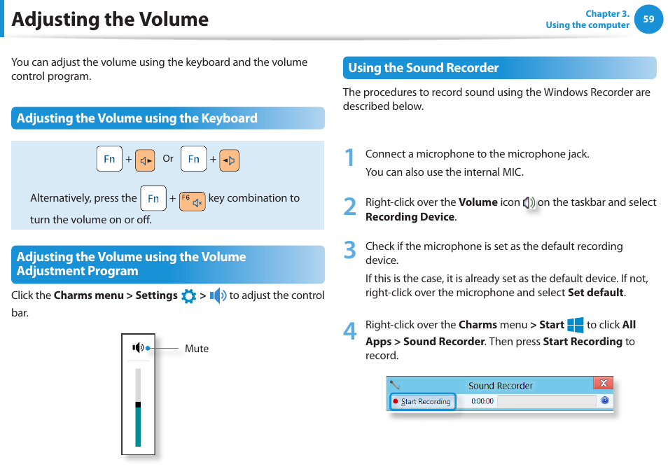 Adjusting the volume | Samsung NP-RV520-W01US User Manual | Page 60 / 133