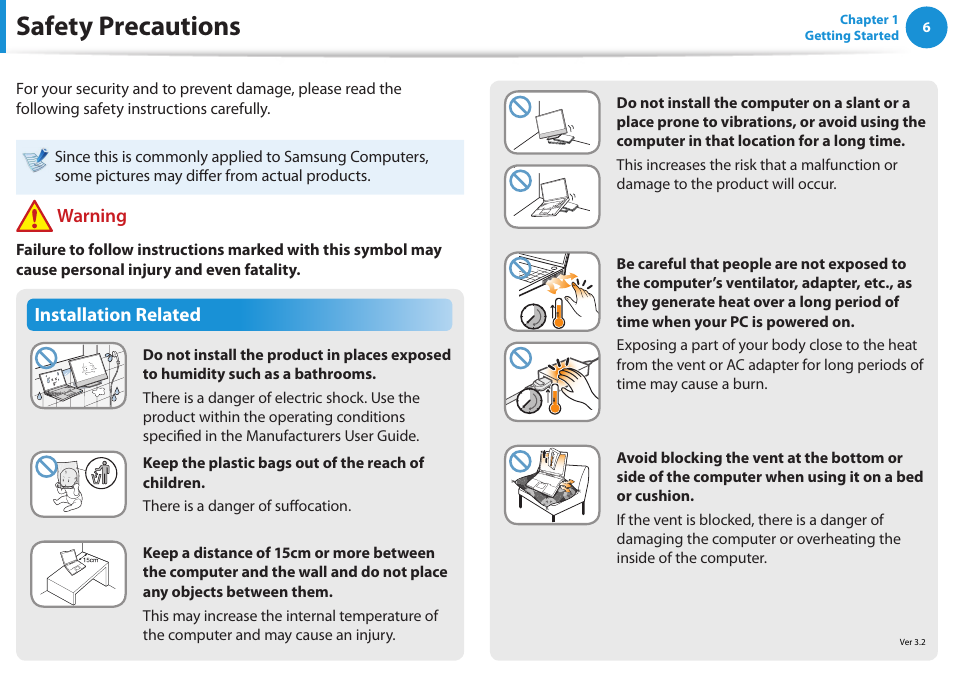 Safety precautions, Installation related, Warning | Samsung NP-RV520-W01US User Manual | Page 7 / 133