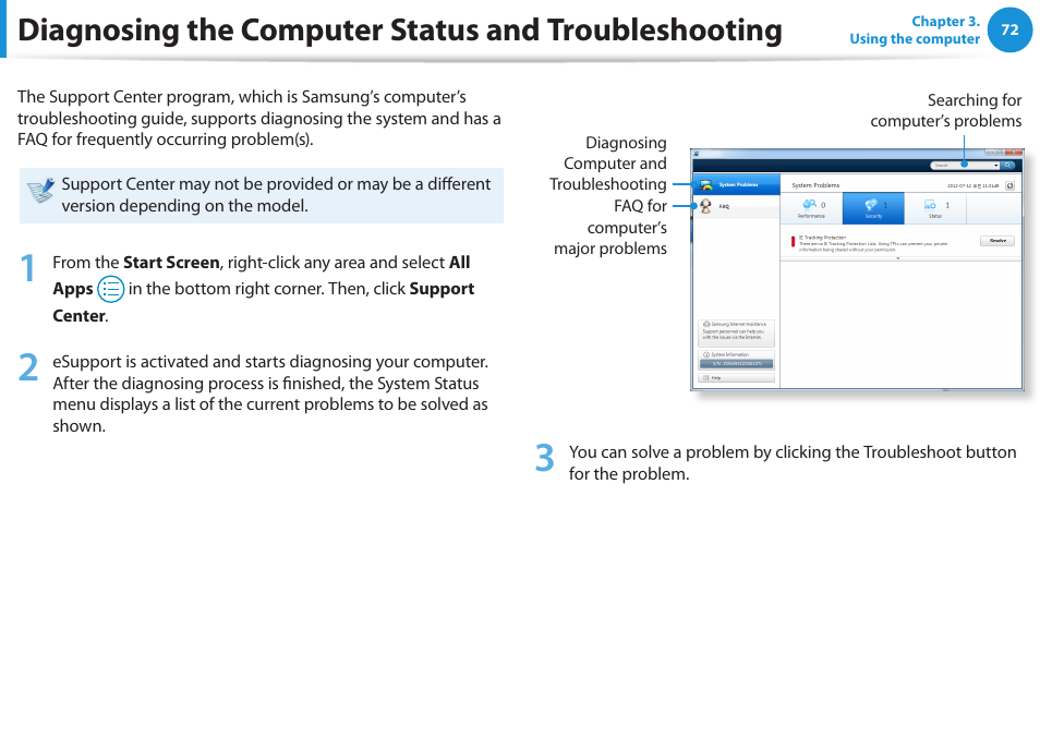 Diagnosing the computer status and troubleshooting, Diagnosing the computer status and, Troubleshooting | Samsung NP-RV520-W01US User Manual | Page 73 / 133