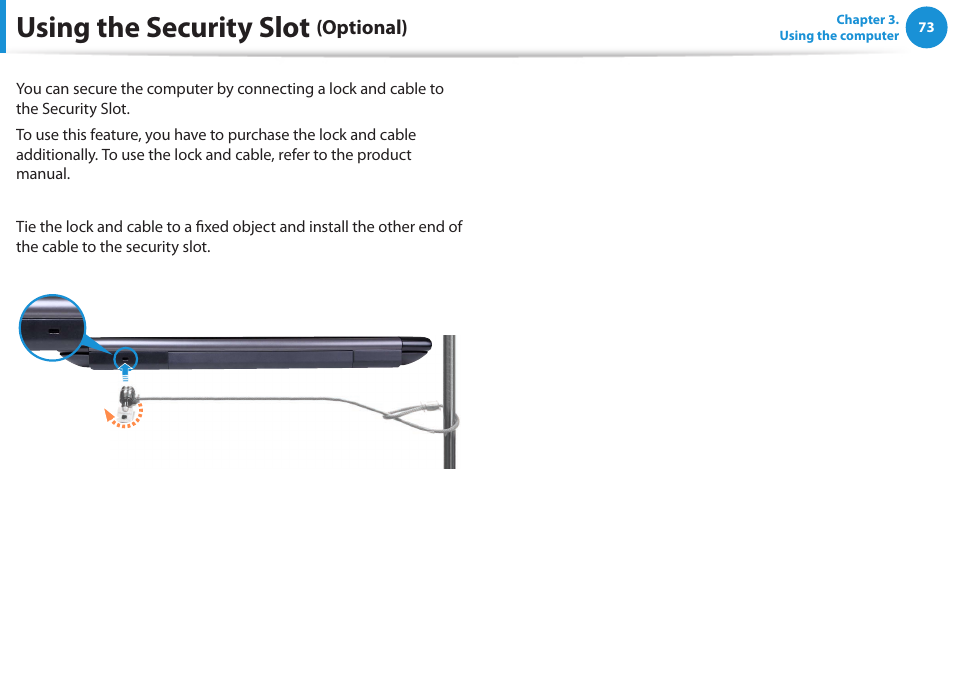 Using the security slot (optional), Using the security slot | Samsung NP-RV520-W01US User Manual | Page 74 / 133