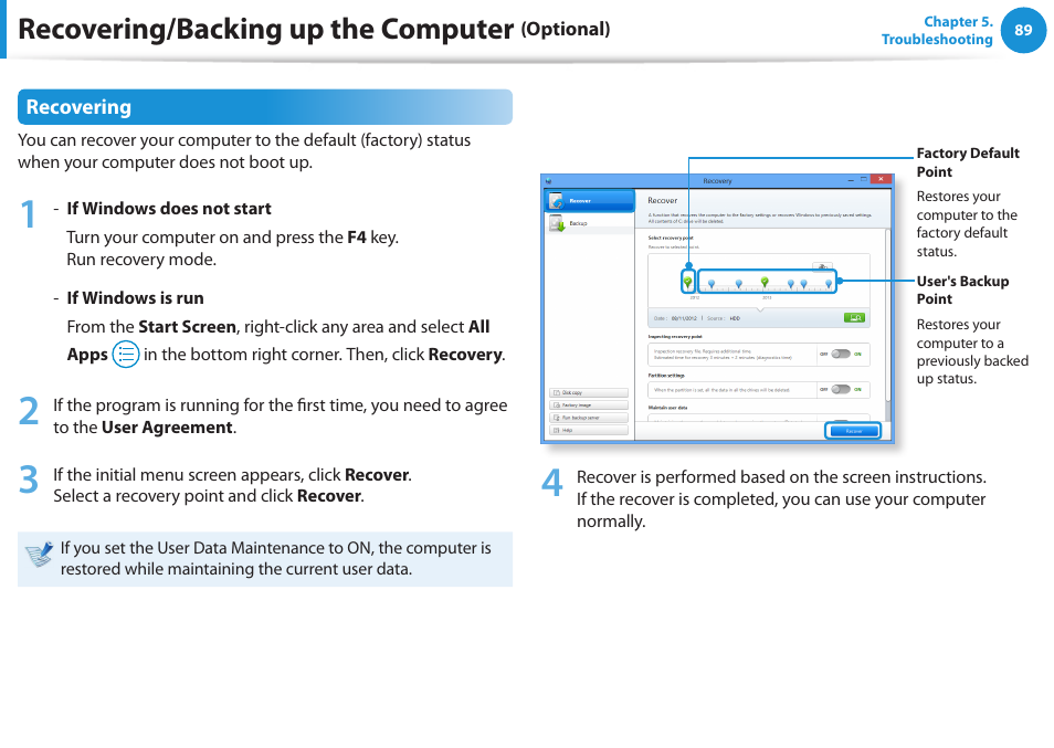 Recovering/backing up the computer | Samsung NP-RV520-W01US User Manual | Page 90 / 133