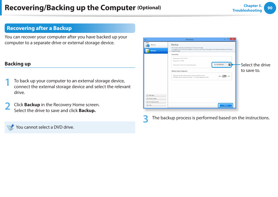 Recovering/backing up the computer | Samsung NP-RV520-W01US User Manual | Page 91 / 133