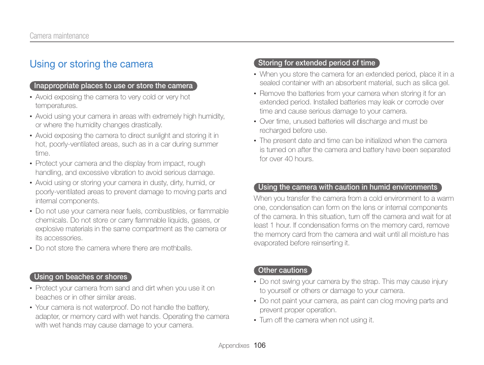 Using or storing the camera, Using or storing the camera ………………………… 106 | Samsung EC-ST76ZZBPRUS User Manual | Page 107 / 132