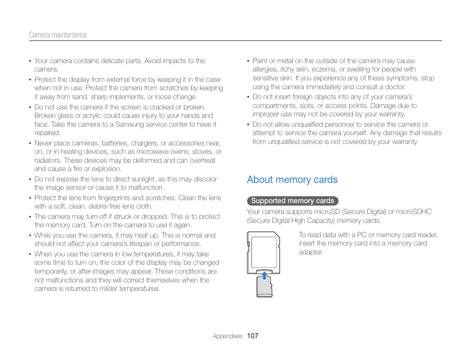 About memory cards, About memory cards ……………………………… 107 | Samsung EC-ST76ZZBPRUS User Manual | Page 108 / 132