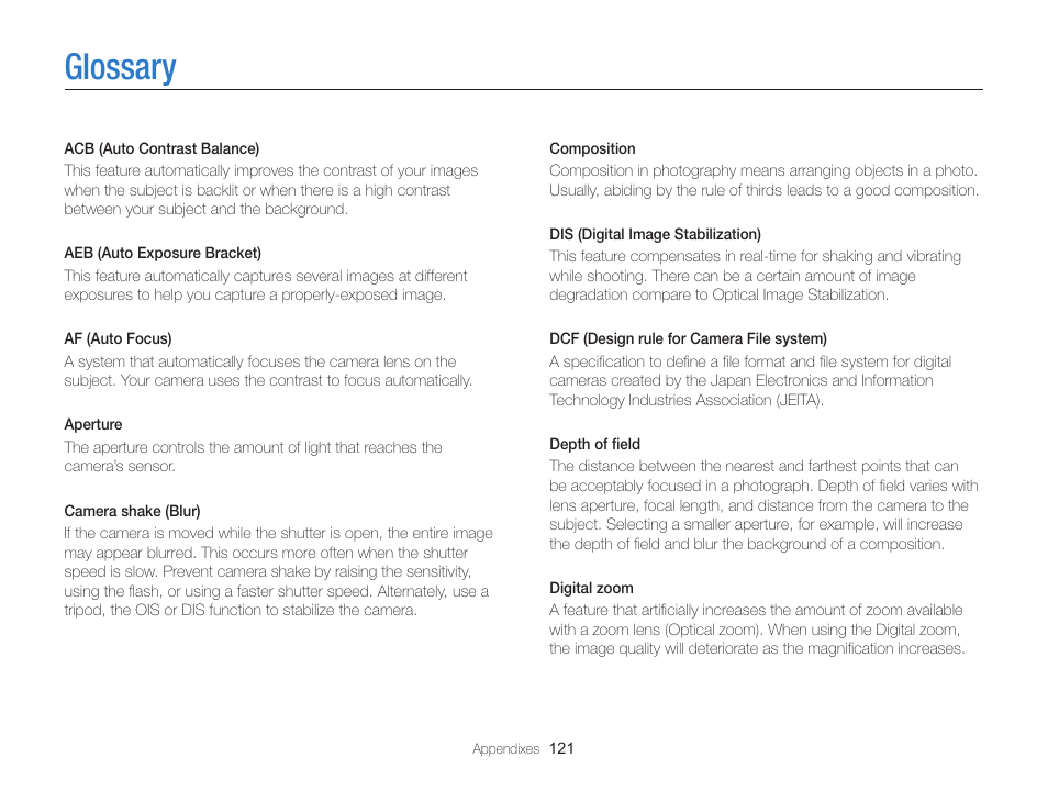 Glossary | Samsung EC-ST76ZZBPRUS User Manual | Page 122 / 132