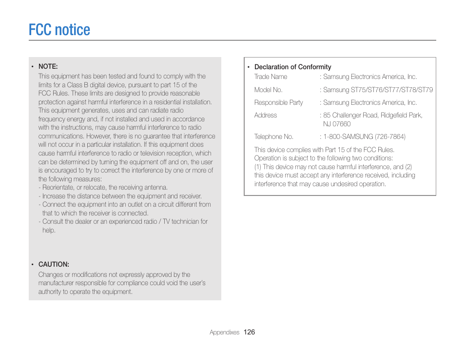 Fcc notice | Samsung EC-ST76ZZBPRUS User Manual | Page 127 / 132