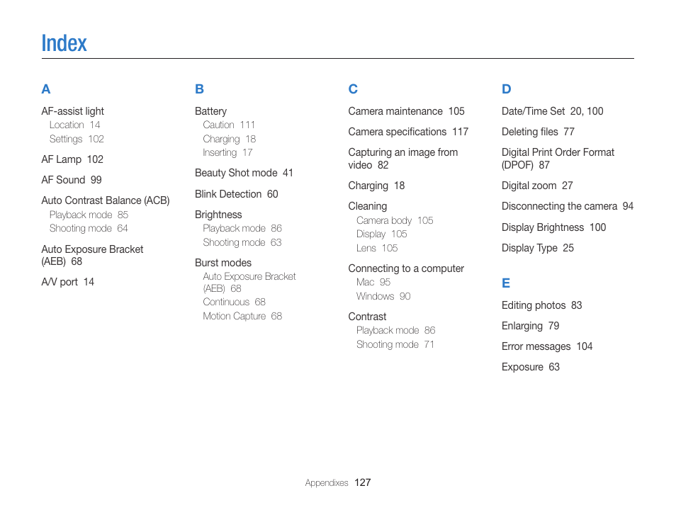Index | Samsung EC-ST76ZZBPRUS User Manual | Page 128 / 132