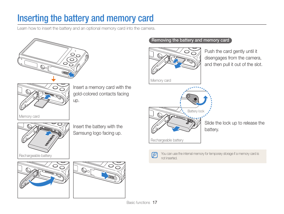 Inserting the battery and memory card | Samsung EC-ST76ZZBPRUS User Manual | Page 18 / 132