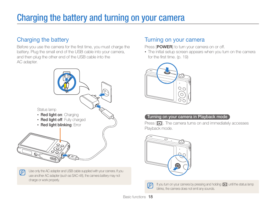 Charging the battery and turning on your camera, Charging the battery, Turning on your camera | Charging the battery and turning on, Your camera, Charging the battery ……………………… 18, Turning on your camera ………………… 18 | Samsung EC-ST76ZZBPRUS User Manual | Page 19 / 132