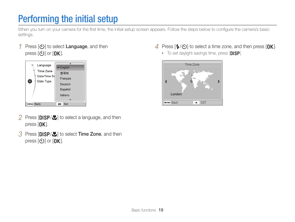 Performing the initial setup | Samsung EC-ST76ZZBPRUS User Manual | Page 20 / 132