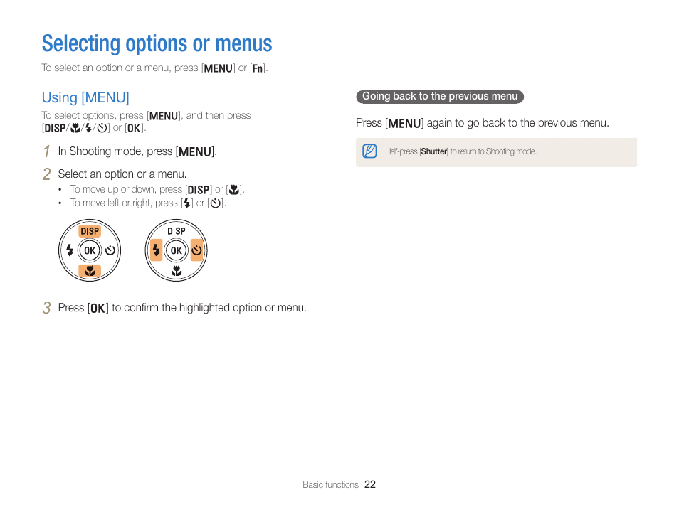 Selecting options or menus, Using [menu, Using [menu] …………………………… 22 | Samsung EC-ST76ZZBPRUS User Manual | Page 23 / 132