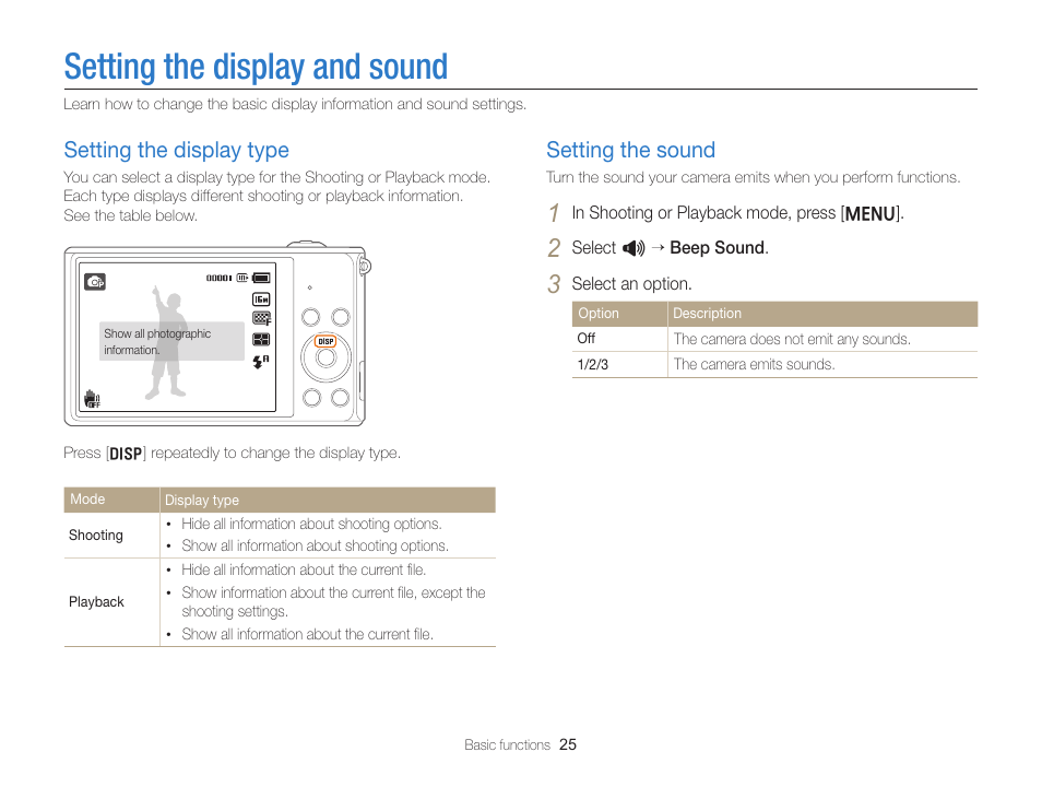 Setting the display and sound, Setting the display type, Setting the sound | Setting the display type …………………… 25, Setting the sound ………………………… 25 | Samsung EC-ST76ZZBPRUS User Manual | Page 26 / 132