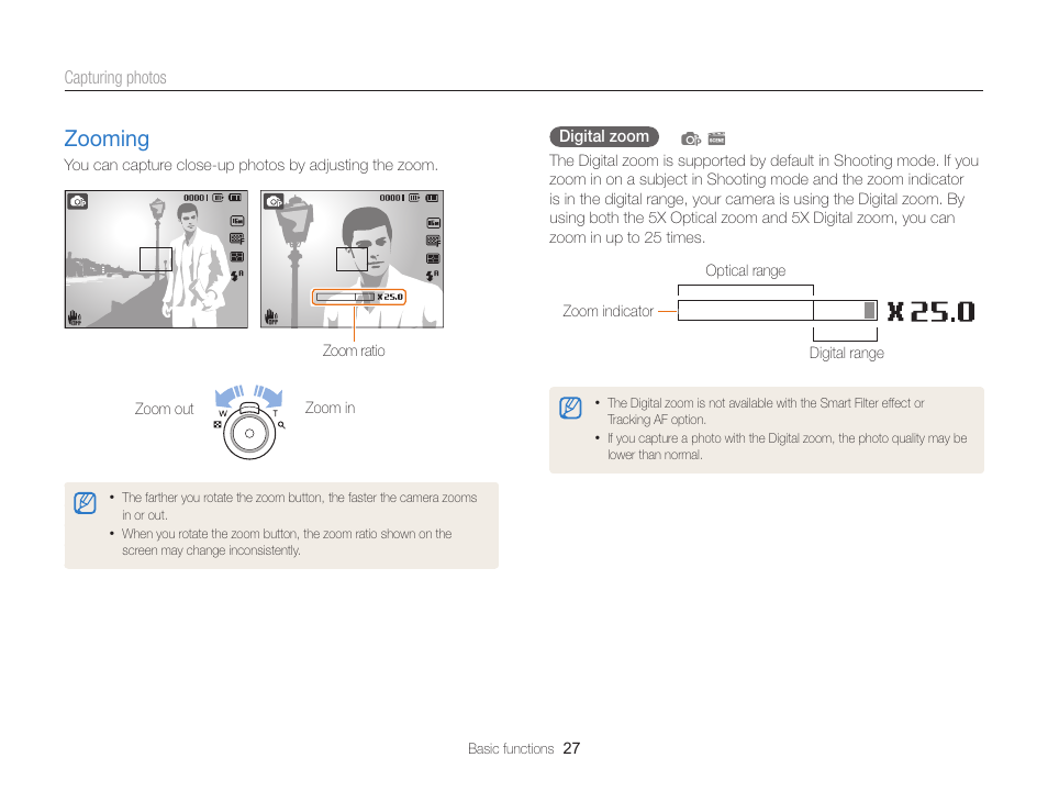 Zooming, Zooming ………………………………… 27 | Samsung EC-ST76ZZBPRUS User Manual | Page 28 / 132